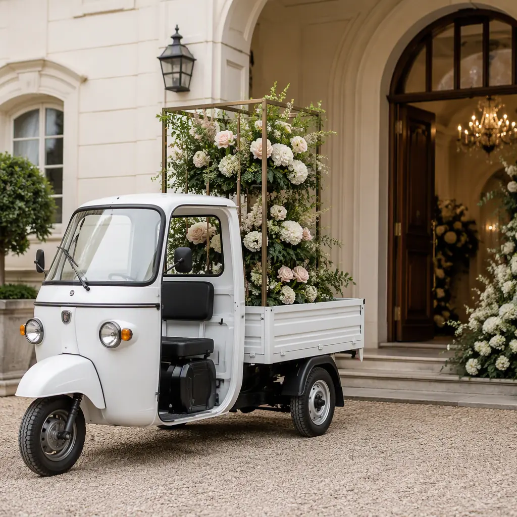 Electric cargo tricycle delivering a tall flower display to a wedding venue entrance