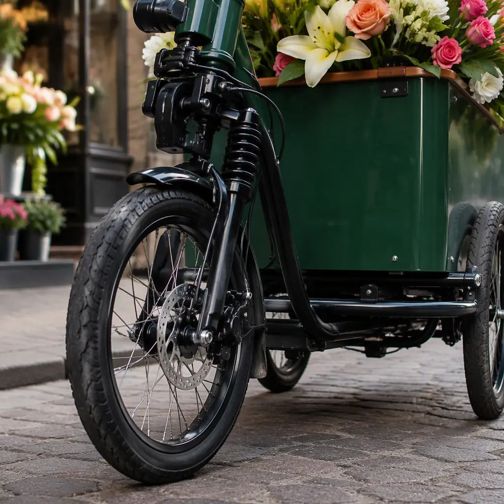 Close-up of the jockey wheel and suspension of a stable three-wheeled electric flower cargo tricycle