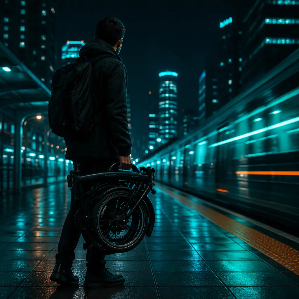 Urban commuter carrying a folded e-bike onto a train platform at night with teal city lights