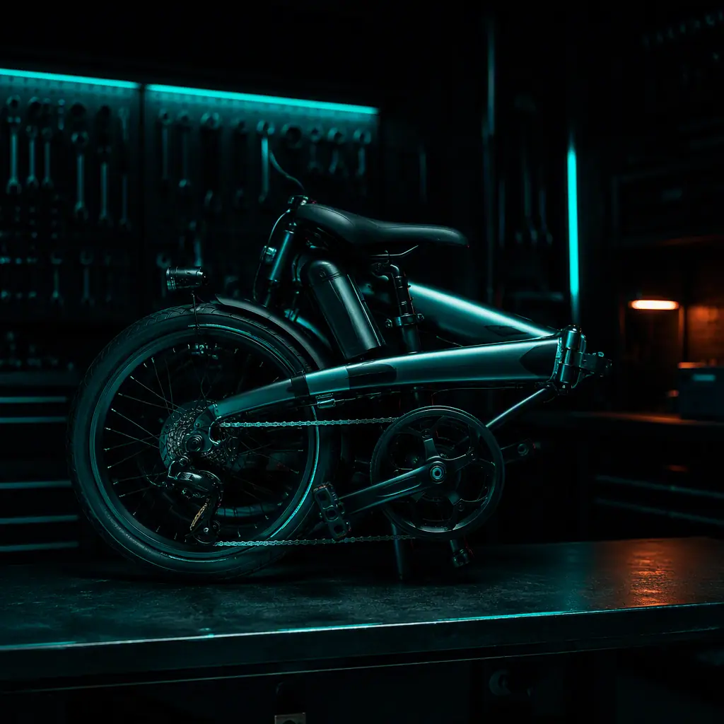 Folding e-bike frame folded in half on a workshop bench showing the compact folded profile
