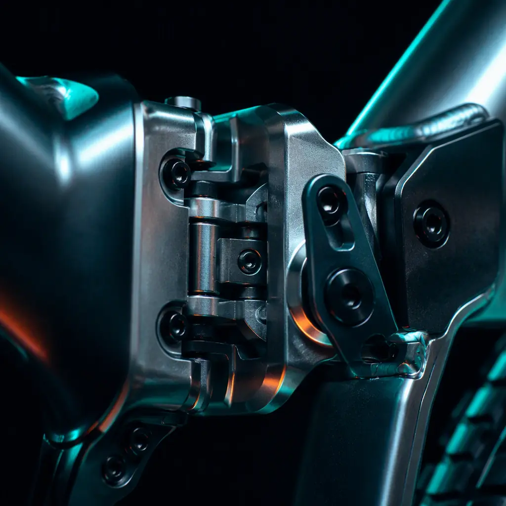 Macro photograph of a precision CNC machined aluminum folding hinge mechanism on an e-bike frame