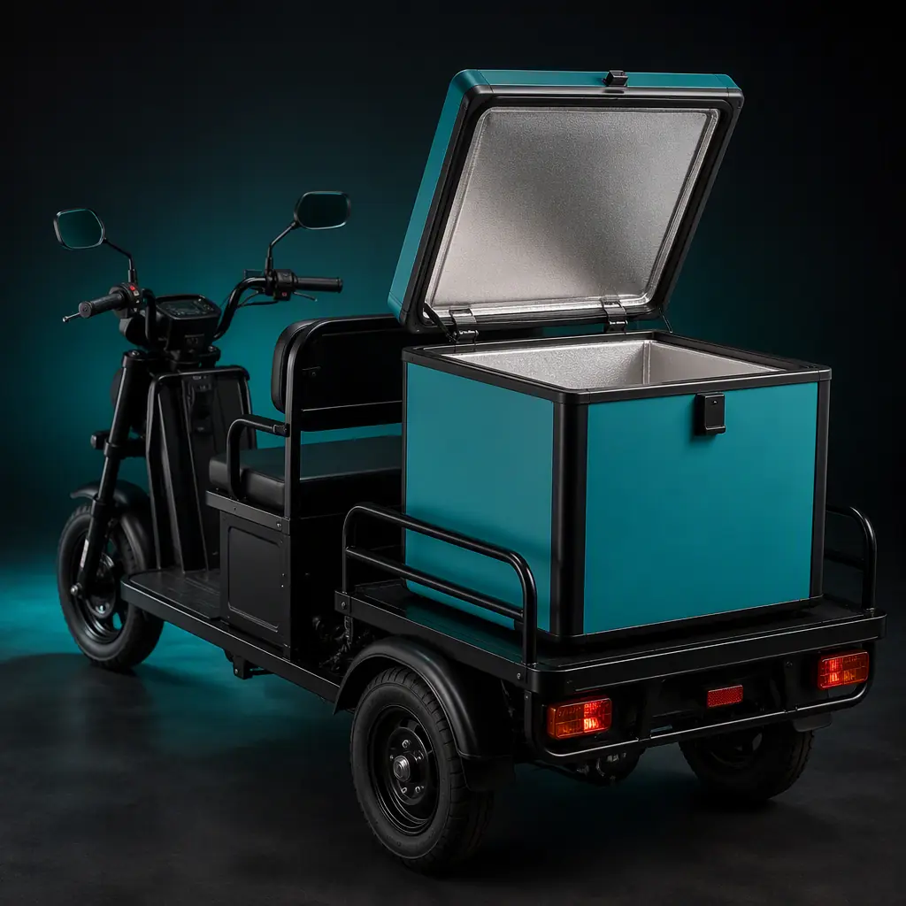 Insulated thermal food delivery box mounted on the rear platform of a three-wheeled electric cargo tricycle