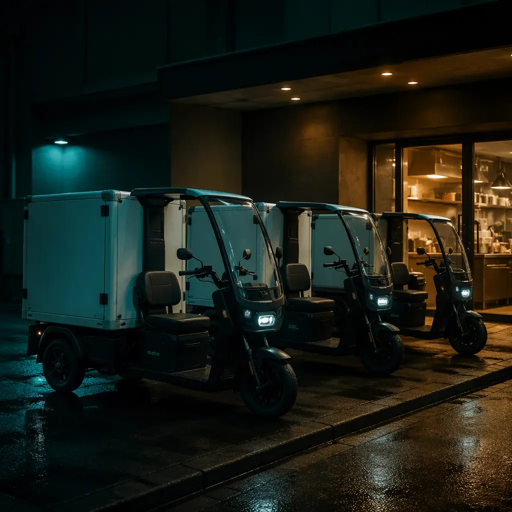 Small fleet of three-wheeled electric cargo tricycles with insulated delivery boxes parked outside a restaurant at night