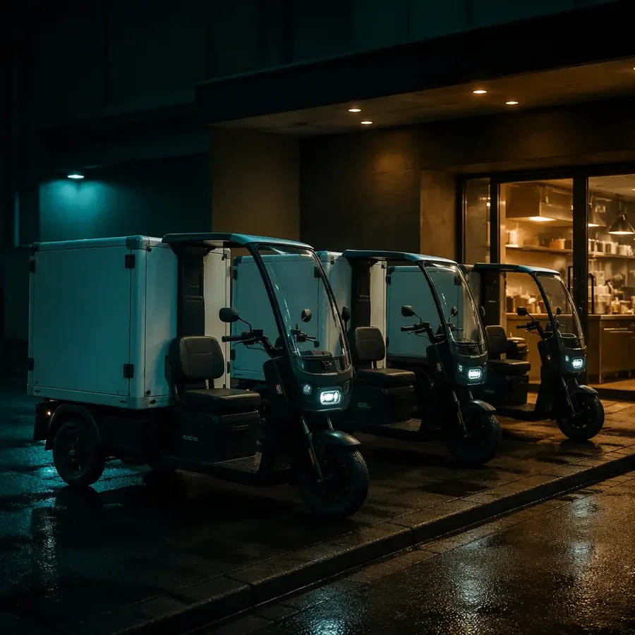 Small fleet of three-wheeled electric cargo tricycles with insulated delivery boxes parked outside a restaurant at night