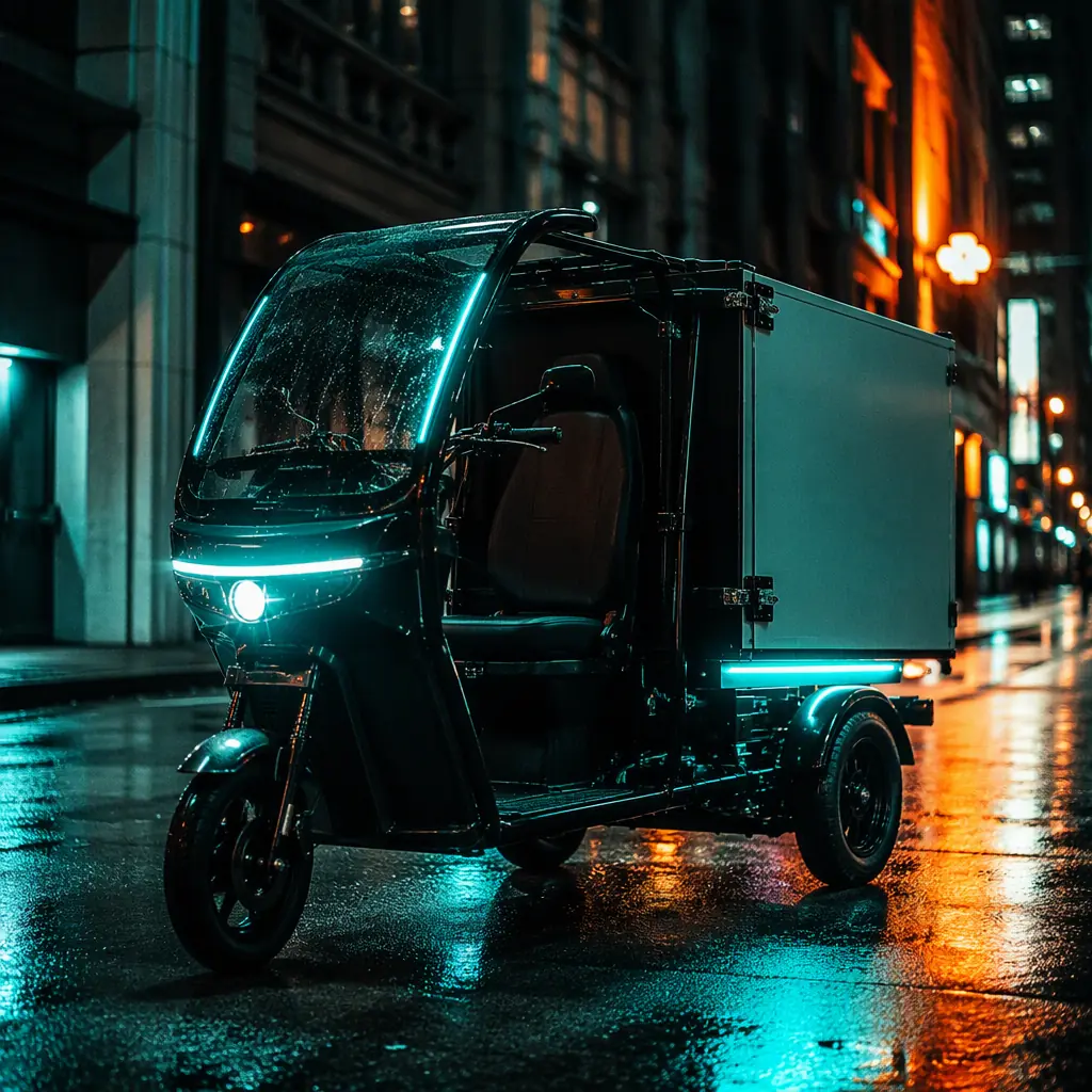 Three-wheeled electric cargo tricycle with LED lights and an insulated delivery box on a rainy city street at night