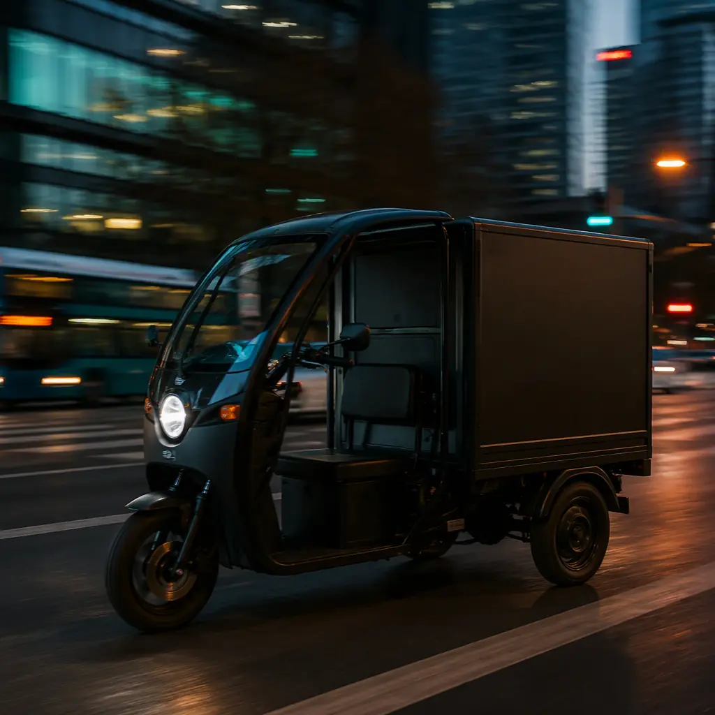 Three-wheeled electric cargo tricycle with a delivery box riding through a city street at dusk with motion blur