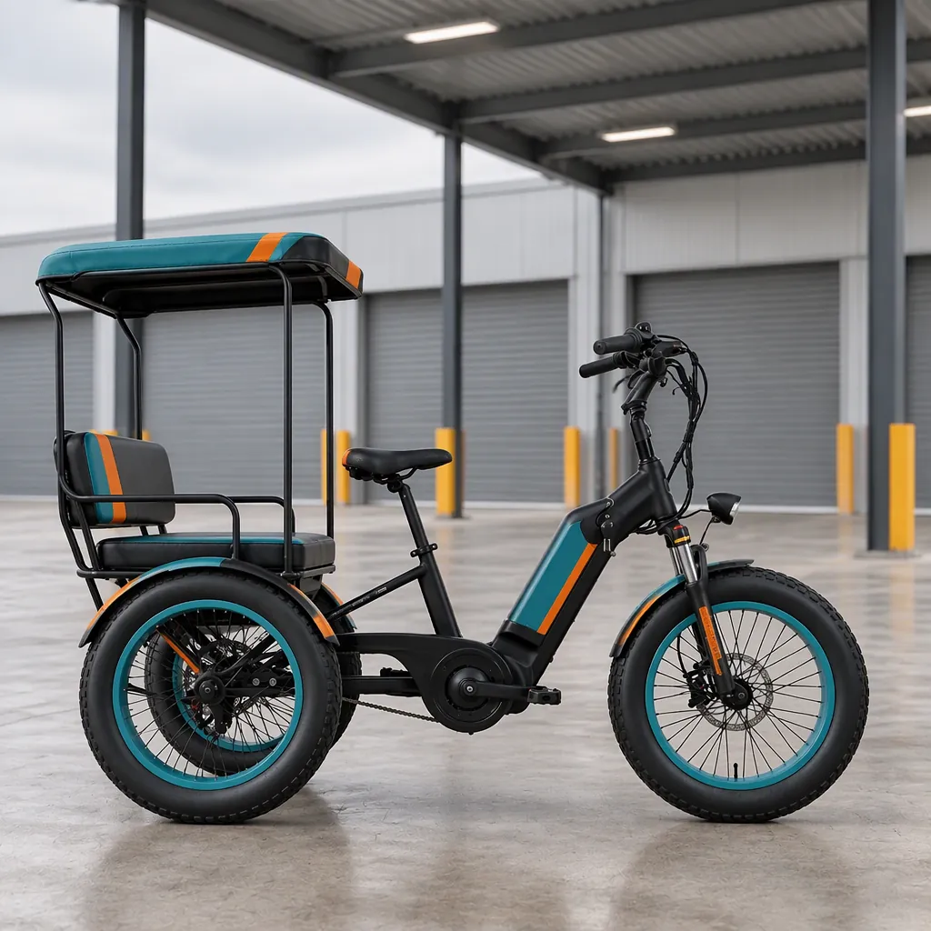 Three-wheeled electric tricycle with one front wheel and two rear wheels parked under a mobile-service canopy at a district operator depot, drop-side cargo box holding unbranded service cases, no text or logos visible