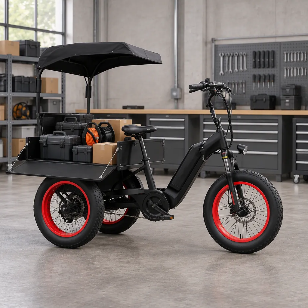 Three-wheeled electric cargo tricycle with one front wheel and two rear wheels being loaded with unbranded repair cases and spare parts at an operator workshop bench, drop-side box open