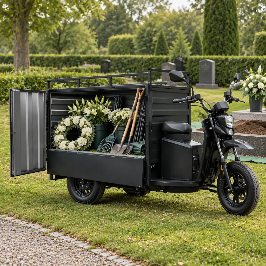 Cargo tricycle with drop-side box open, carrying flowers, a leaf rake and grounds equipment at a memorial site