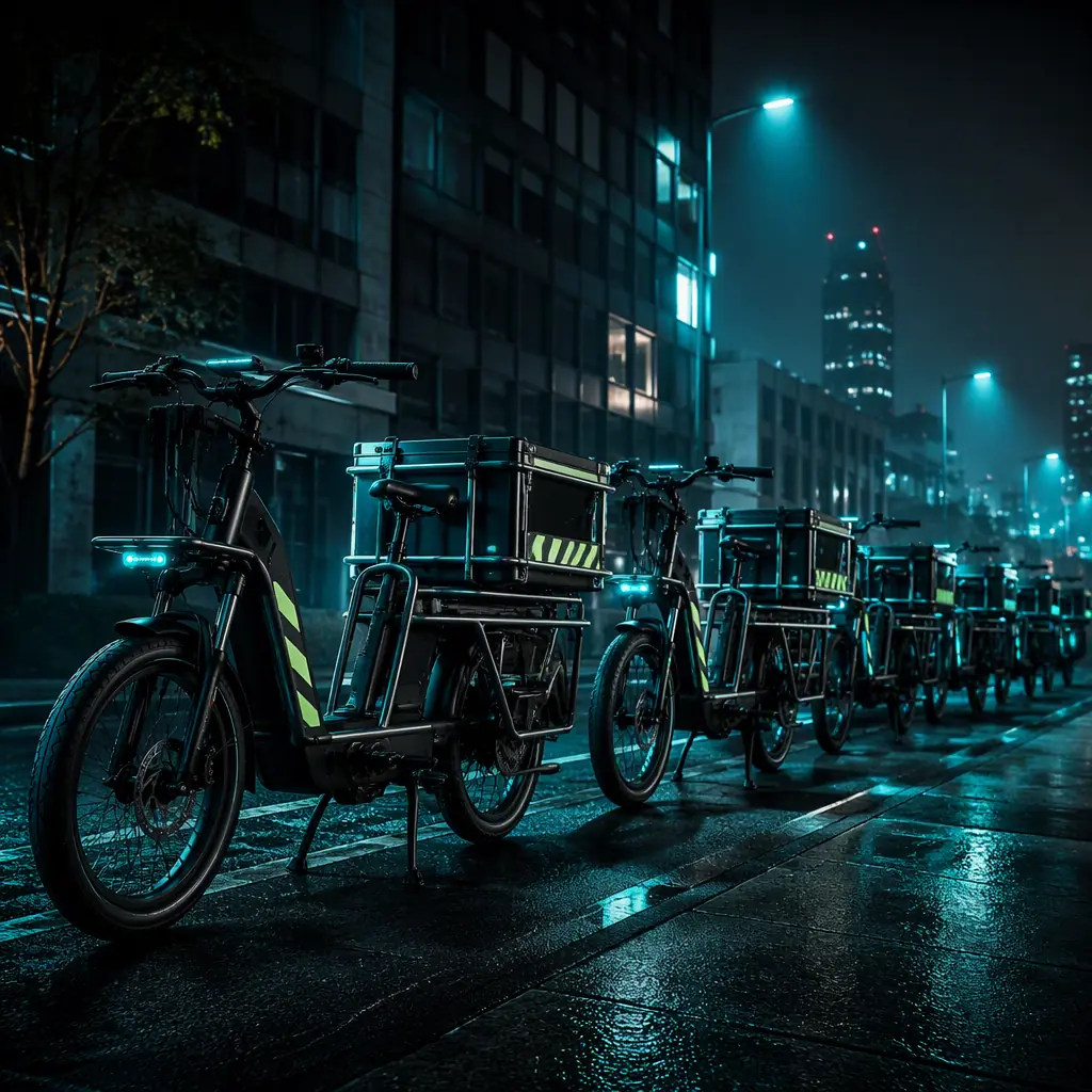 Government fleet e-bikes lined up for deployment with riders in safety vests, dark scene with teal lighting