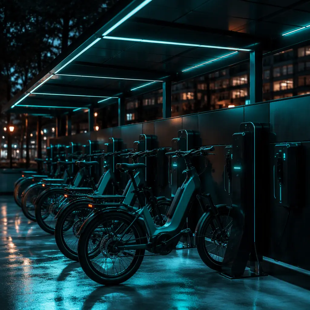 Row of government fleet e-bikes at a covered charging station, dark scene with teal lighting