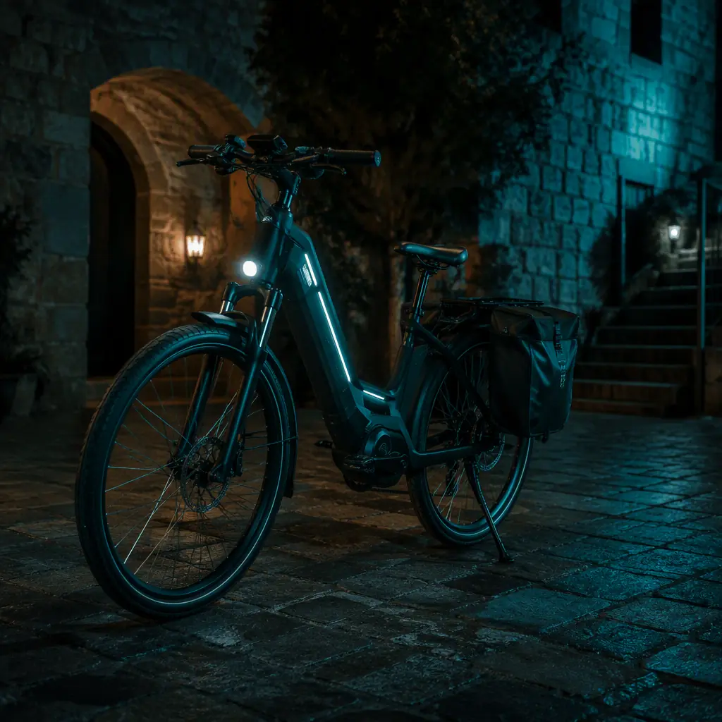 Patrol-style e-bike with integrated lighting parked in a dark municipal courtyard, teal rim light