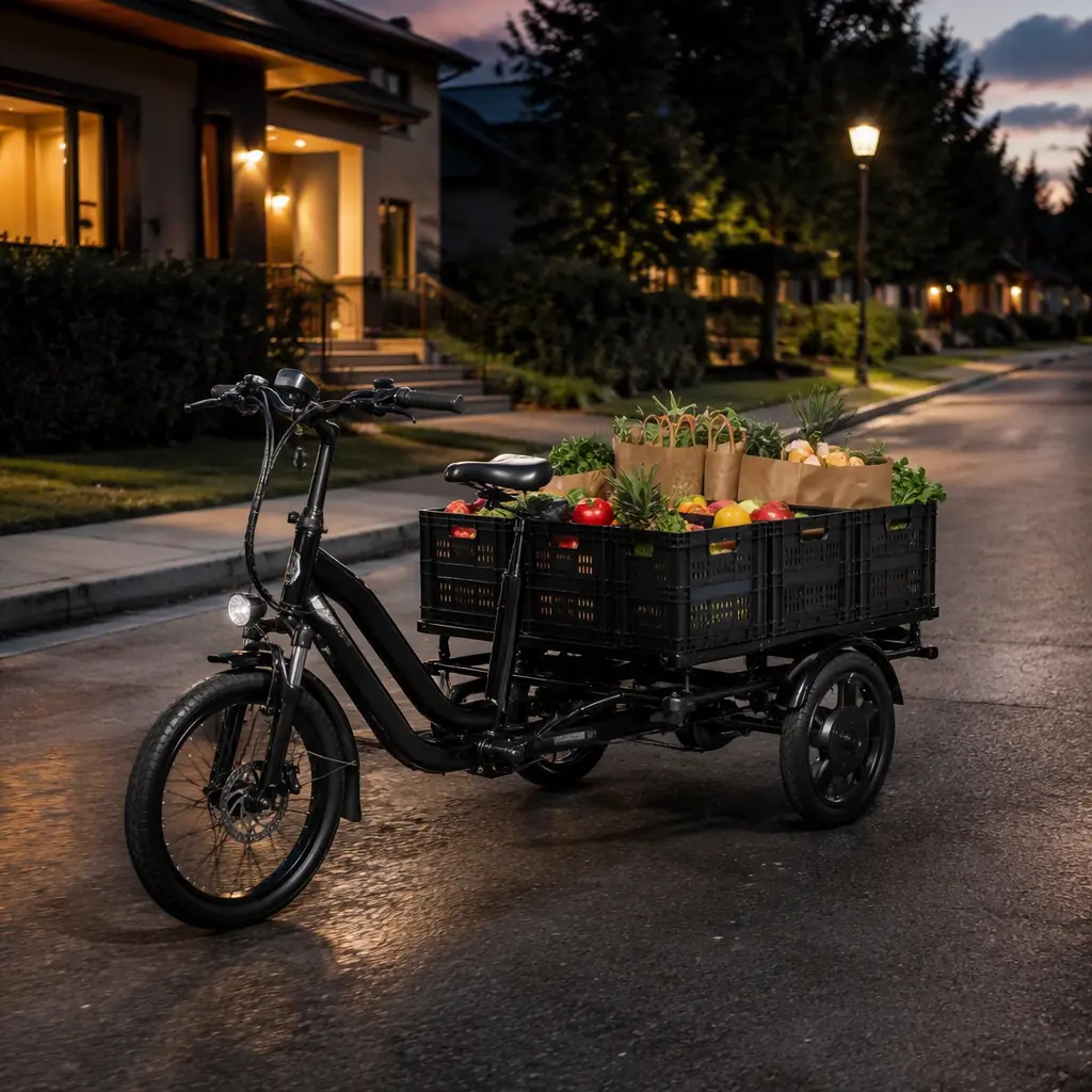 Electric cargo tricycle loaded with grocery crates dropping orders at a house at dusk