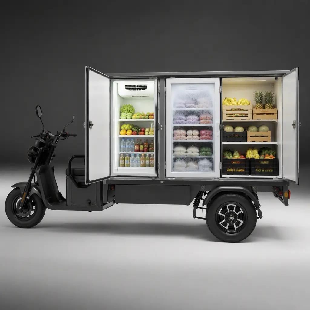 Divided cargo box interior of an electric tricycle with chilled, frozen and ambient grocery compartments