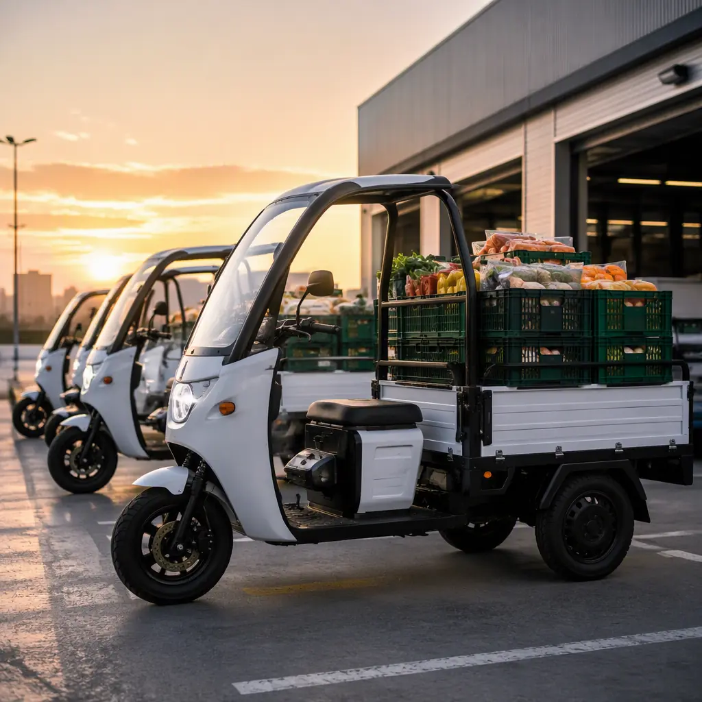 Fleet of electric cargo tricycles loaded with grocery crates at a supermarket depot at dawn