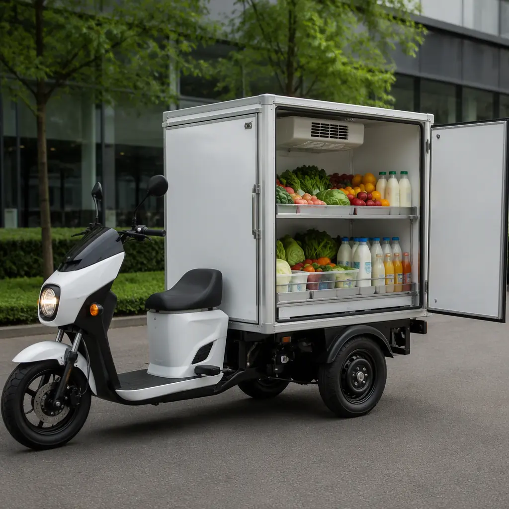 Insulated refrigerated compartment of an electric cargo tricycle holding chilled dairy and produce