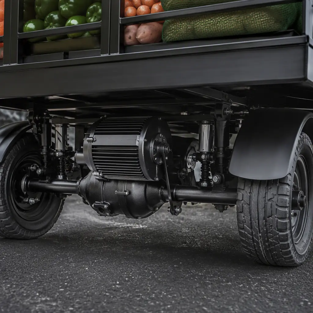 Rear hub motor and differential of an electric cargo tricycle under a loaded grocery box