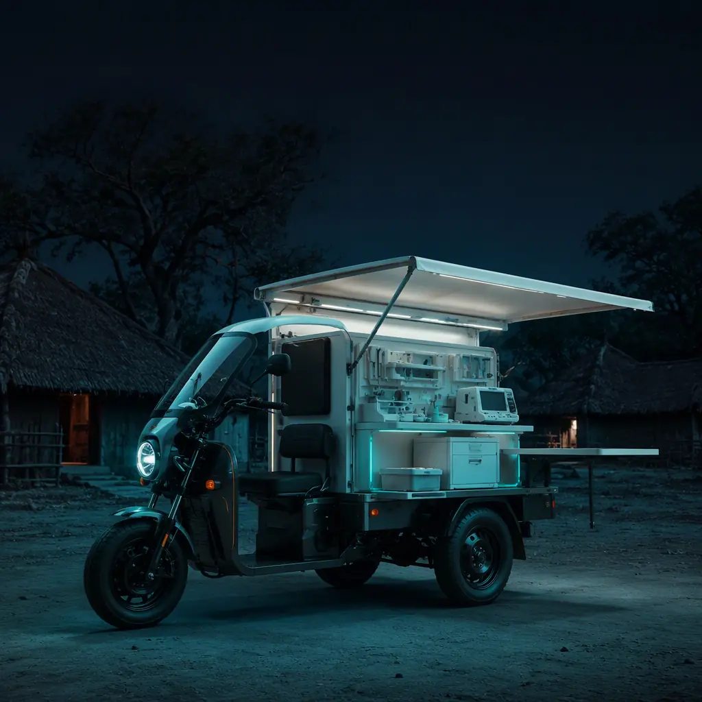 Mobile clinic electric tricycle set up with an awning and exam kit in a village clearing