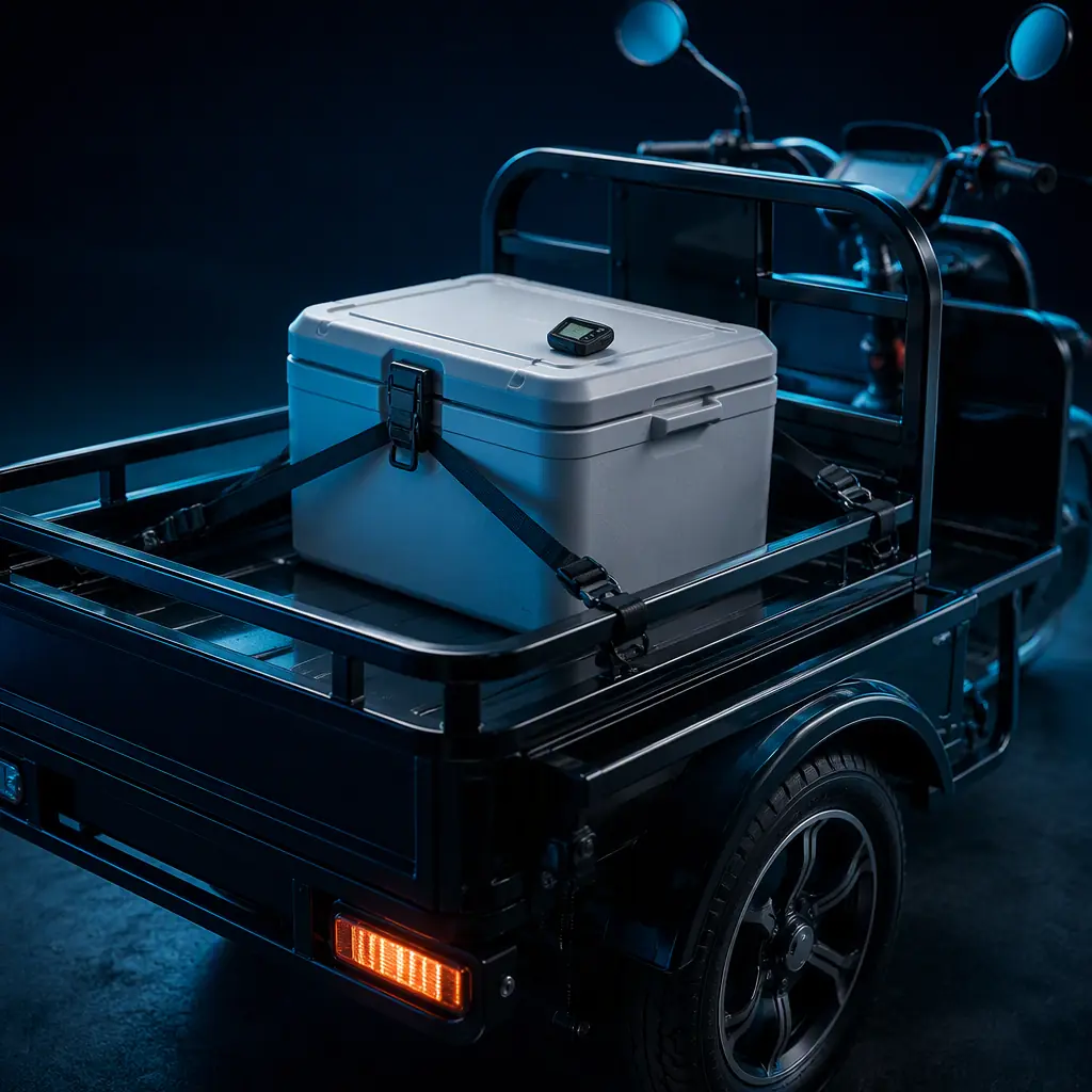 Sealed insulated medical cold box with a temperature logger on the cargo bed of an electric tricycle