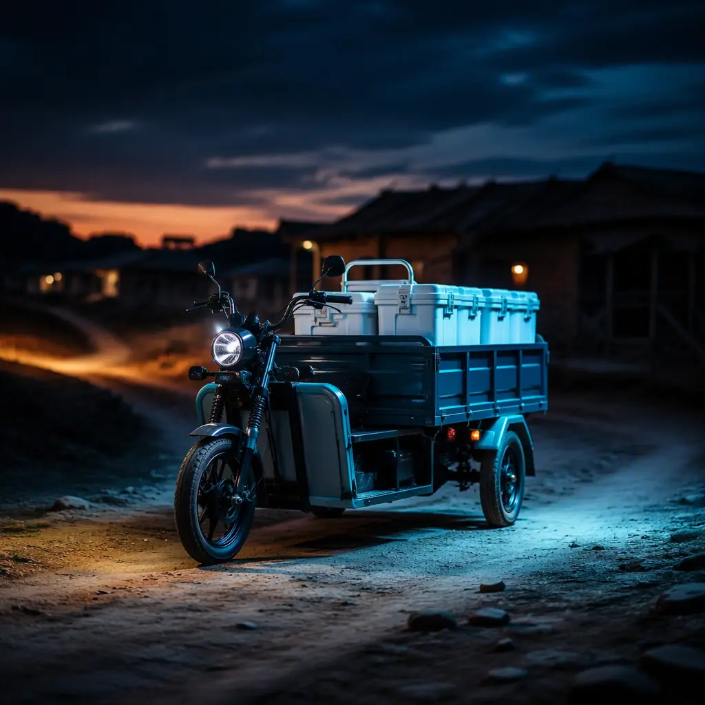 Electric cargo tricycle carrying medical cold-boxes along a rural dirt road at dusk