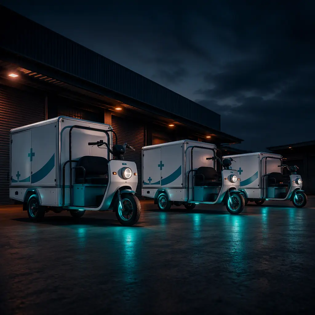 Row of electric cargo tricycles with medical livery parked at a distribution depot at dusk