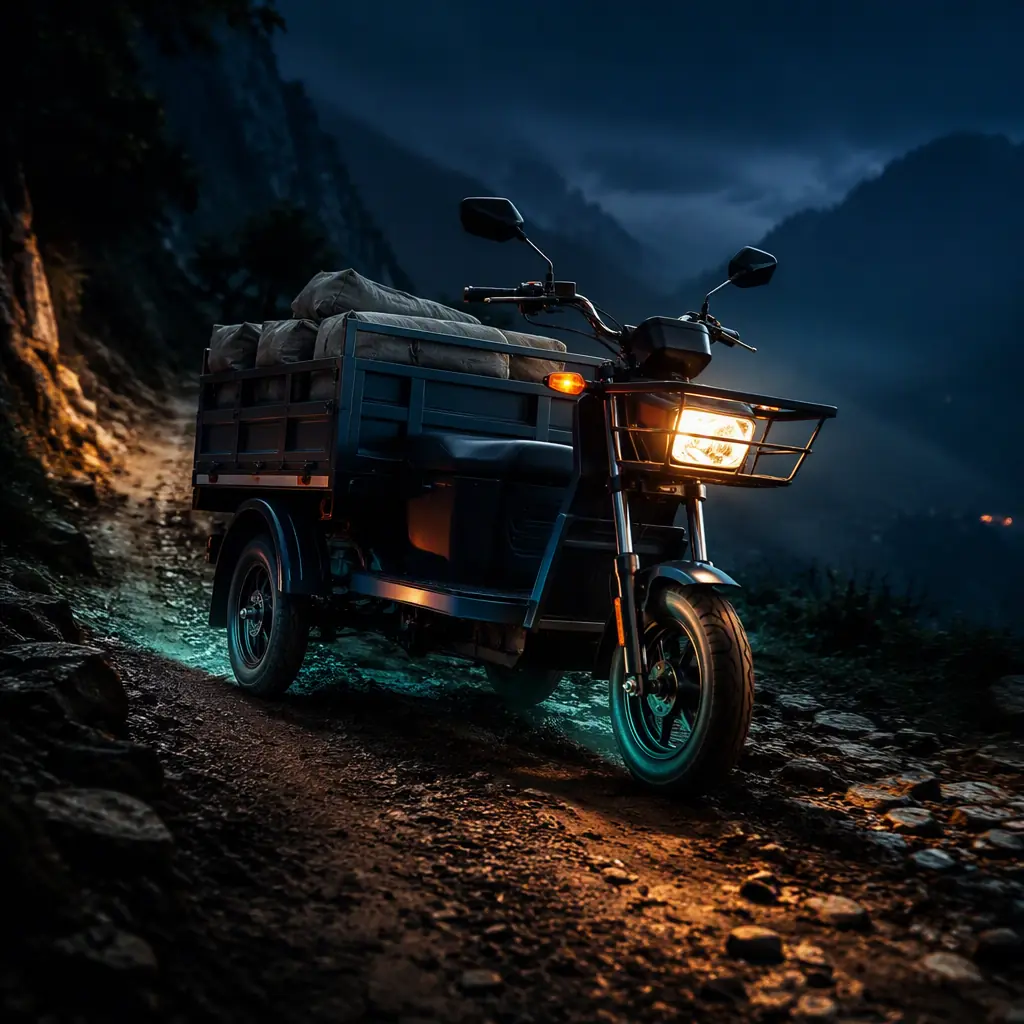 Electric cargo tricycle climbing a gravel country track with muddy ruts on a rural outreach route