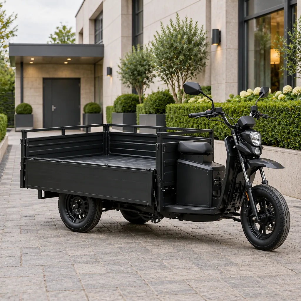 Three-wheeled electric cargo tricycle with a drop-side box parked on the service lane of a hotel property