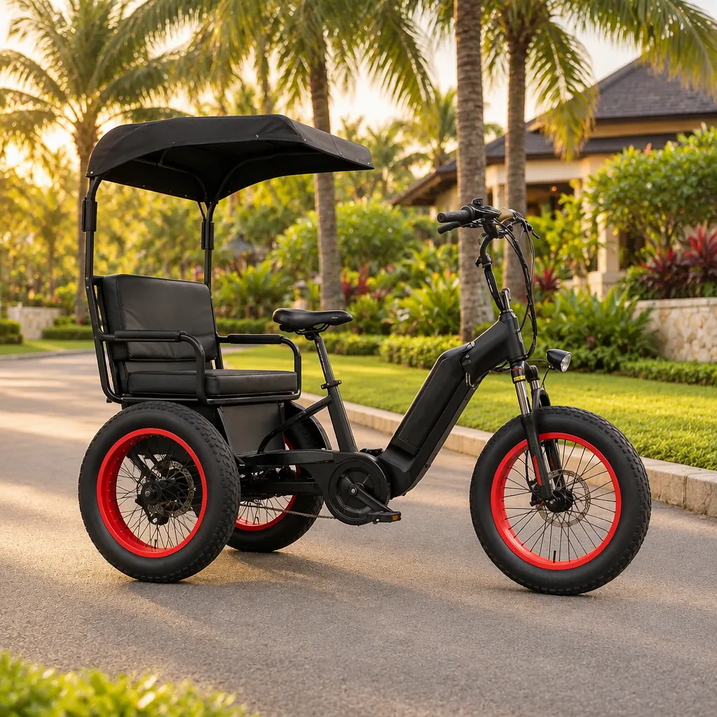 Canopy passenger electric tricycle with a bench seat parked on a landscaped property lane
