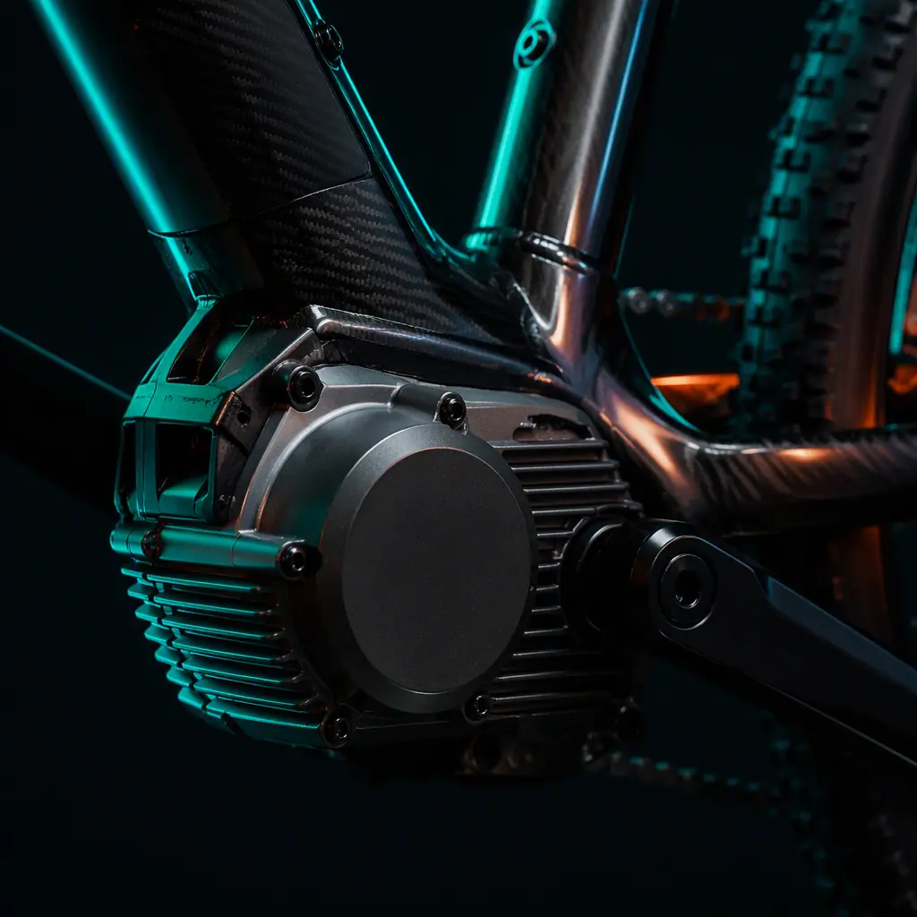 Close-up of a mid-drive motor at the bottom bracket with chainring and frame tubes