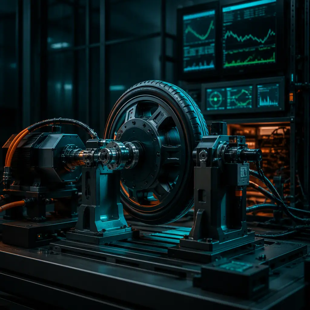 Motor test bench in factory lab with hub motor mounted on dynamometer