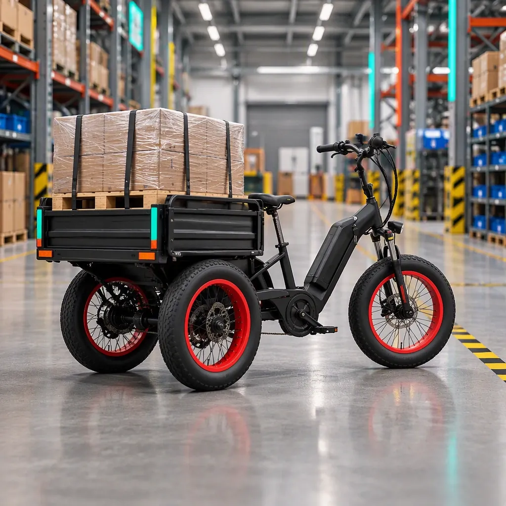 Industrial e-tricycle carrying a palletized load through a factory aisle between racking