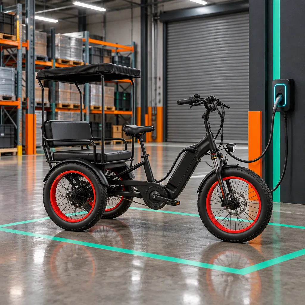 Industrial e-tricycle parked at a marked charging bay inside a warehouse operations area