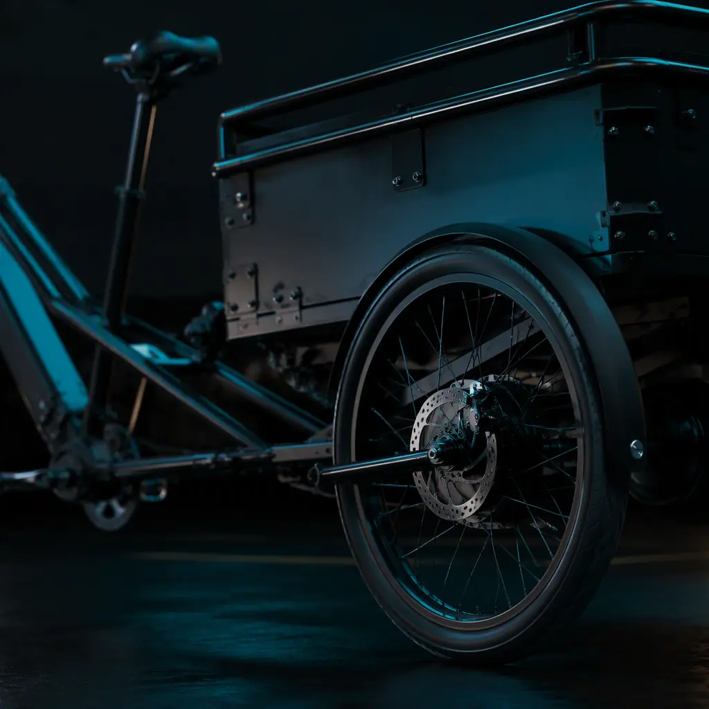 Close-up of a license plate and registration documents on the rear of an electric cargo tricycle at dusk