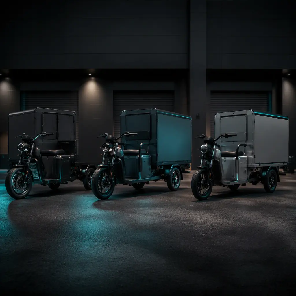 Row of electric cargo tricycles with teal rim lighting parked in a commercial loading area at dusk