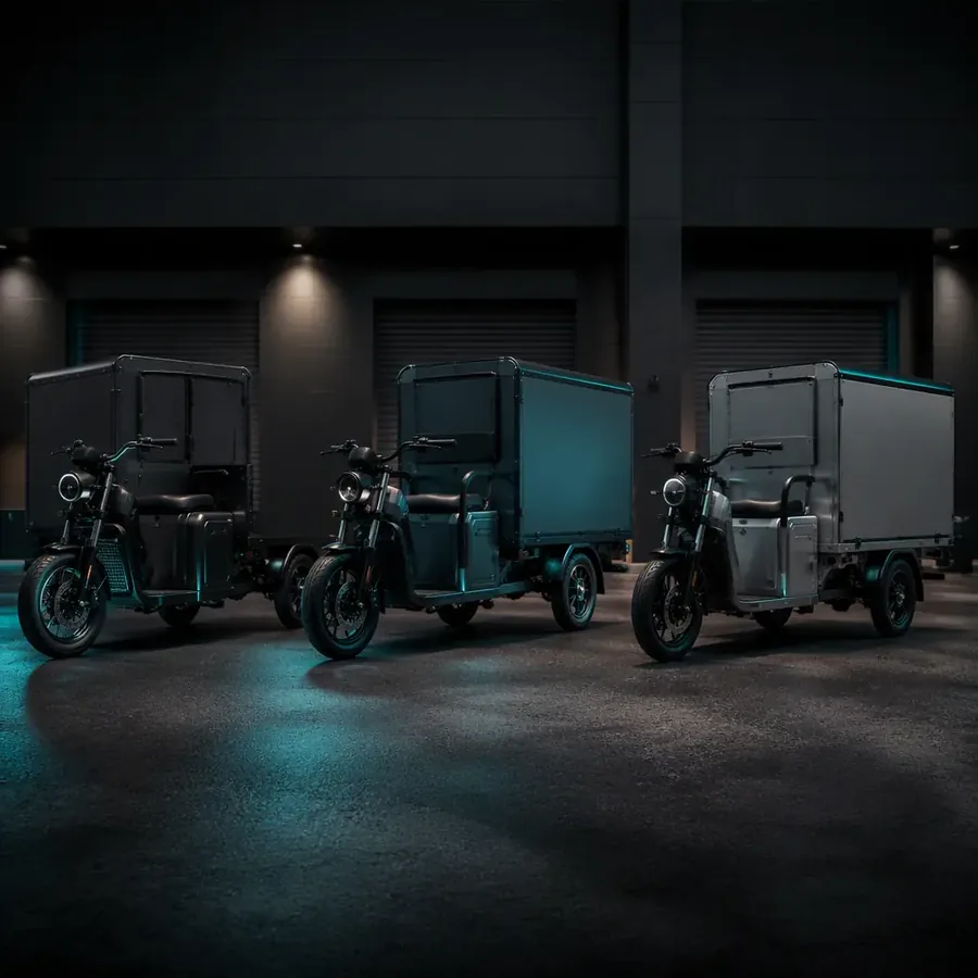 Row of electric cargo tricycles with teal rim lighting parked in a commercial loading area at dusk