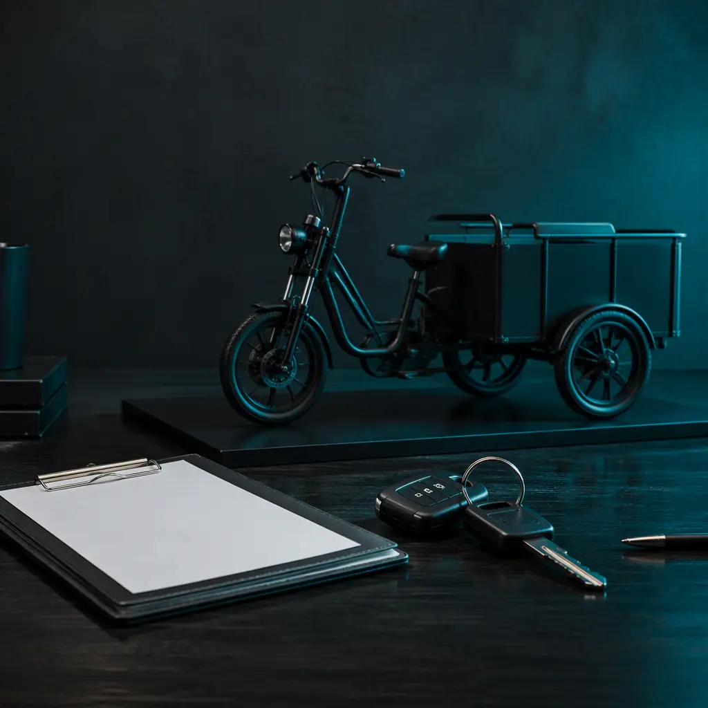 Insurance policy documents and tricycle keys on a desk next to a scale model of an electric cargo tricycle, moody lighting