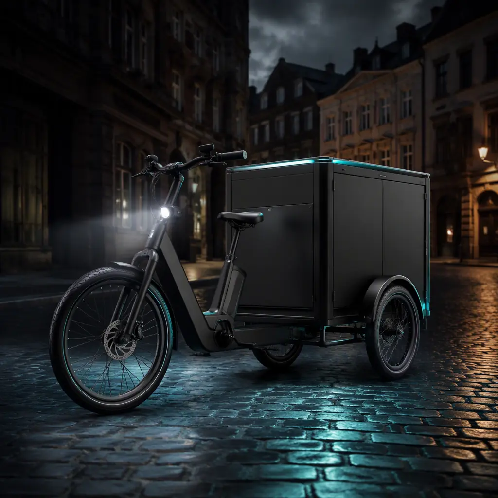 Electric cargo tricycle with a delivery box driving through an urban European street at dusk, teal rim lighting