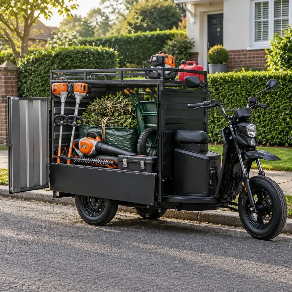Three-wheeled electric cargo tricycle loaded with strimmers, blowers, a wheelbarrow and cut branches at the kerb outside a house