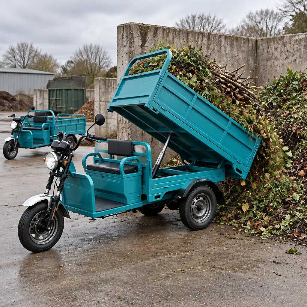 Three-wheeled electric cargo tricycle tipping a load of hedge clippings and branches into the green-waste bay at a grounds maintenance yard