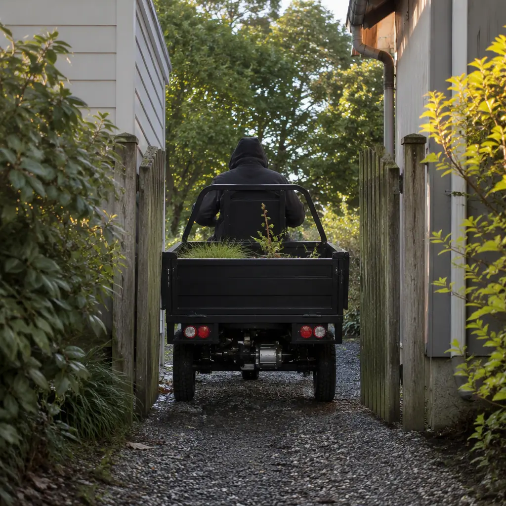 Three-wheeled electric cargo tricycle passing through a narrow garden gate between houses in morning light
