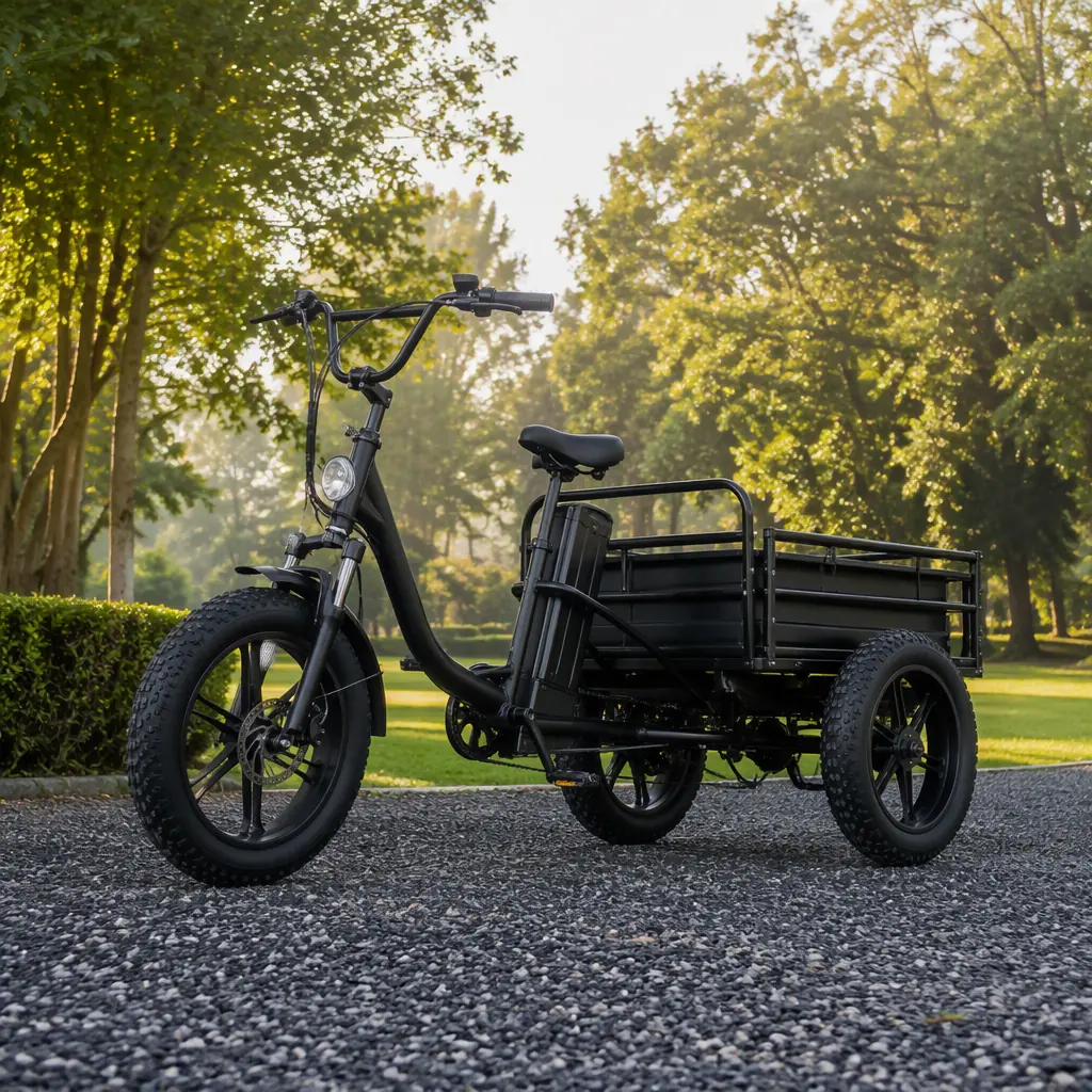 Three-wheeled electric cargo tricycle with knobby tires on a gravel path in a landscaped park, low angle