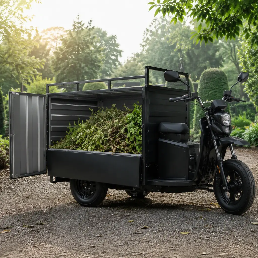 Three-wheeled electric cargo tricycle with a side-opening cargo bin full of trimmed branches and yard waste in a garden