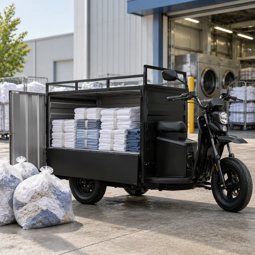 Electric cargo tricycle parked at a hotel service dock with open cargo box and a stack of bagged linen carts alongside