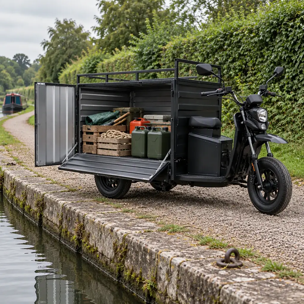 Cargo tricycle with an open drop-side box being unloaded with stores on a canal quay next to a moored narrowboat