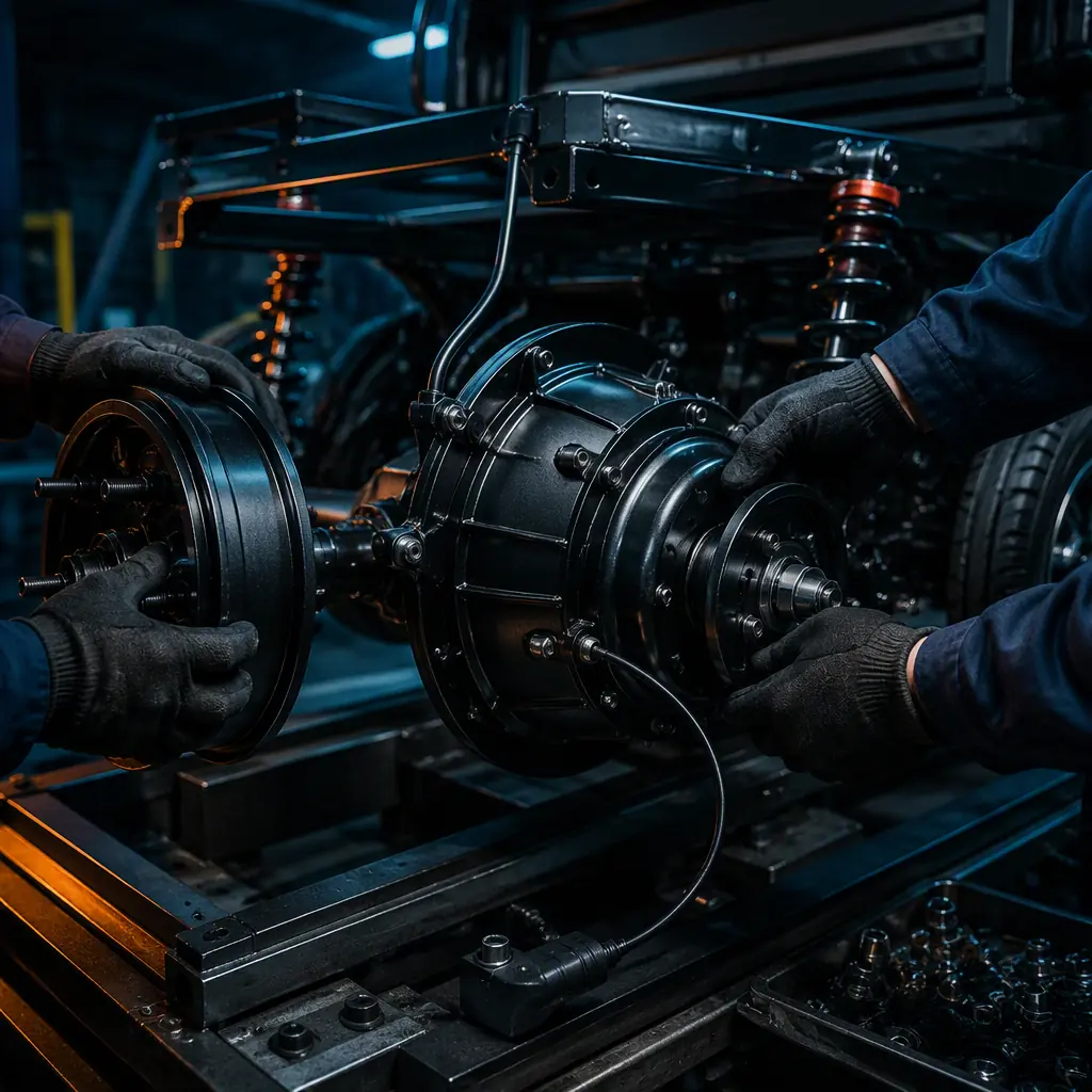 Workers assembling the rear axle and hub motor of a three-wheeled electric tricycle on a factory line, dark industrial setting with teal accent lighting