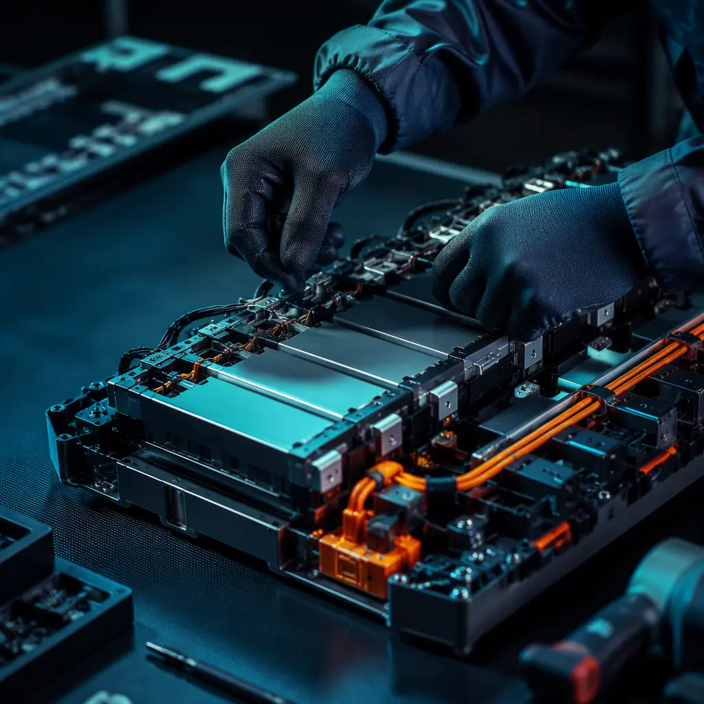 Technician assembling a lithium battery pack with cells and BMS wiring on a clean dark workbench, teal accent lighting