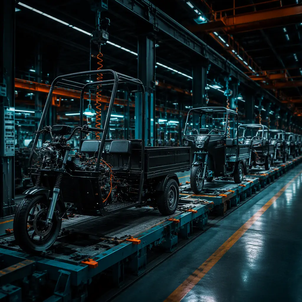 Wide view of an electric tricycle assembly line in a dark modern factory with multiple three-wheeled frames on the line, teal accent lighting