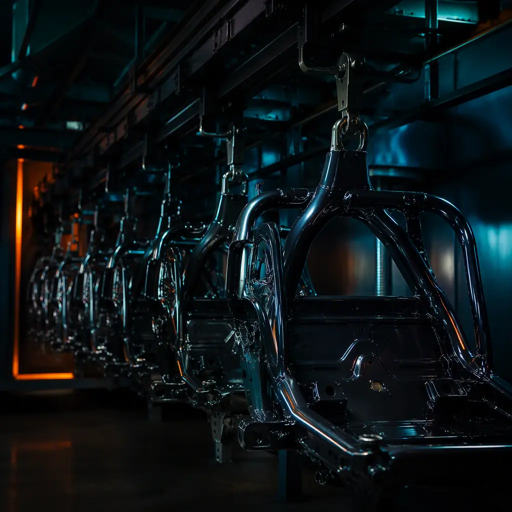 Powder coating line with painted tricycle frames hanging on a conveyor in a dark factory, teal accent lighting
