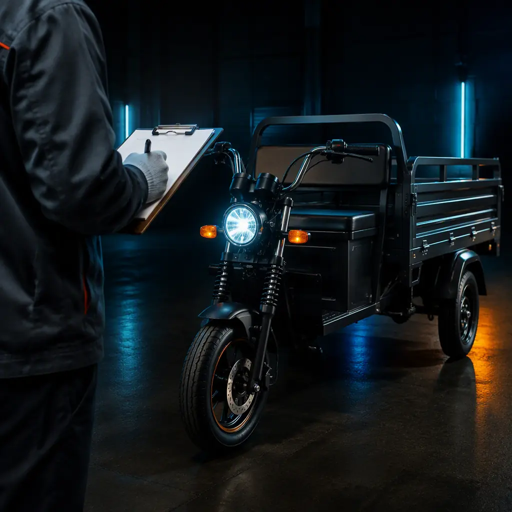 Quality inspector with a clipboard checking the brakes and lights of a finished three-wheeled electric tricycle in a dark factory inspection bay, teal accent lighting