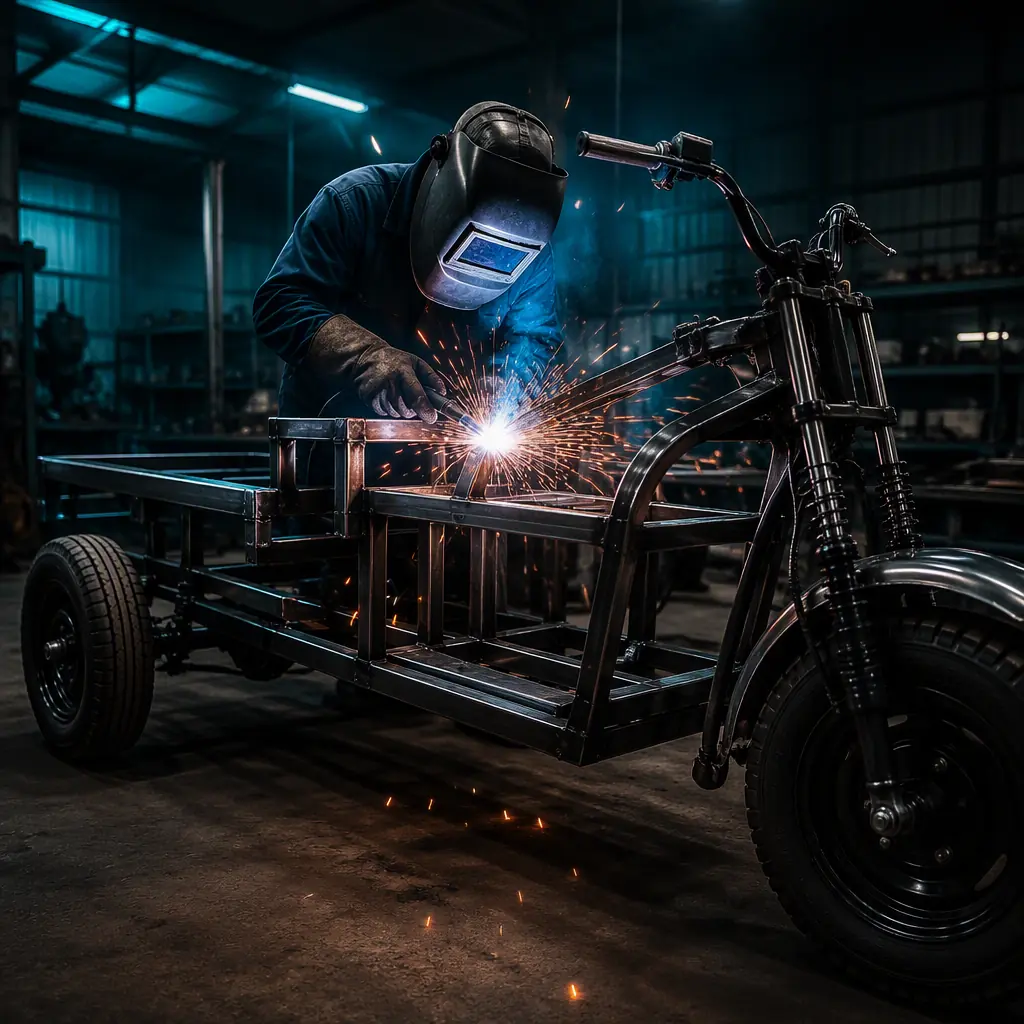 Welder in protective gear welding the steel frame of a three-wheeled electric tricycle in a dark factory, bright weld sparks with teal accent lighting